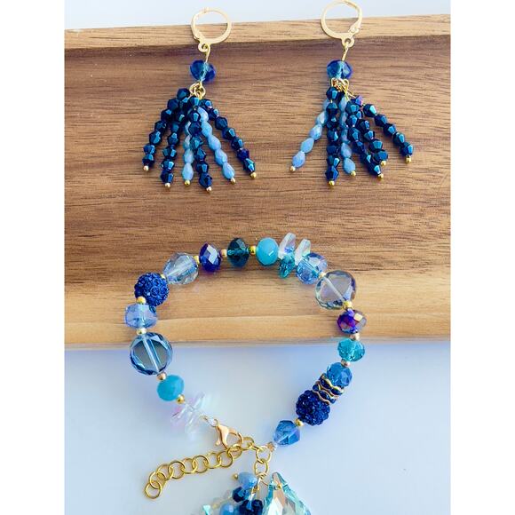 Swarovski Beaded Bracelet & Earrings Set – Blue & Gold Women’s Jewelry Gift - Picture 4 of 15